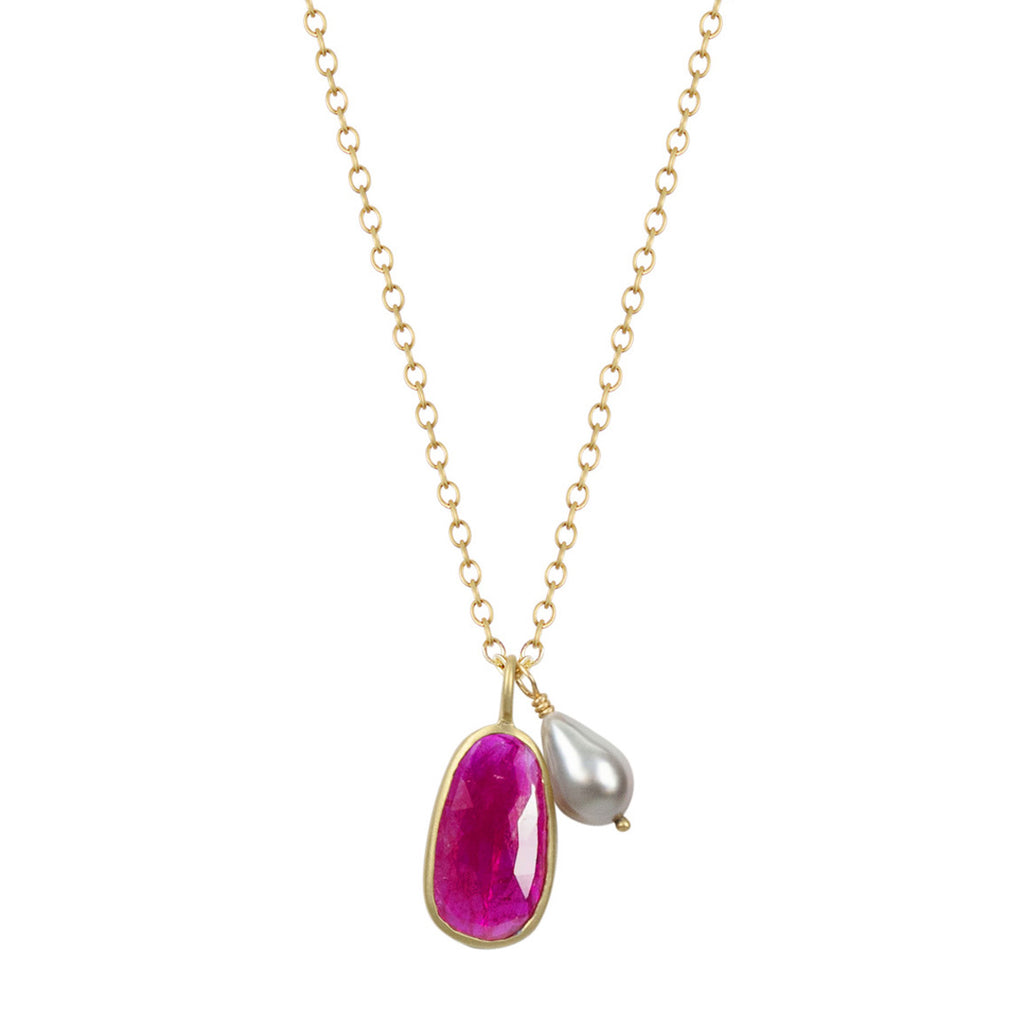 18K Gold 3.65 Carat Ruby Pendant with Tahitian Keshi Pearl