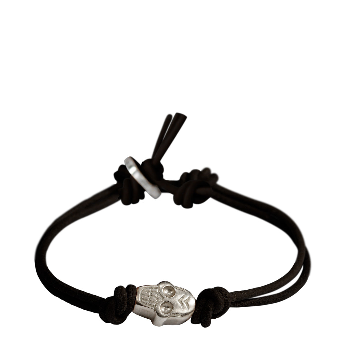 Men's Sterling Silver Macramé Skull Bracelet On Black Leather Cord