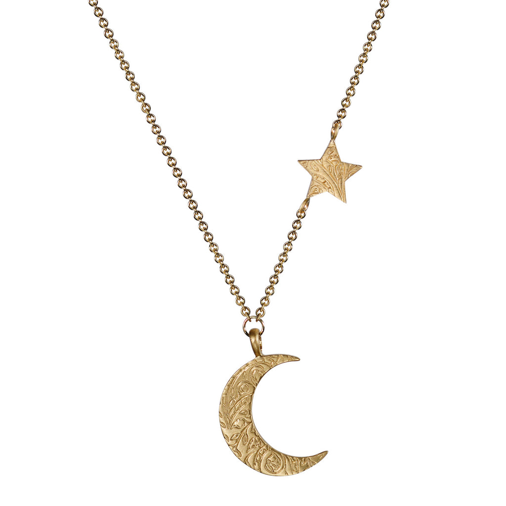 10K Gold Small Paisley Moon and Star Pendant - Me&Ro